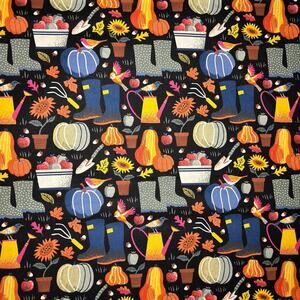 Harvest Gardening on Black Novelty Cotton Fabric -1 yard - Pumpkin, Fall, Plant